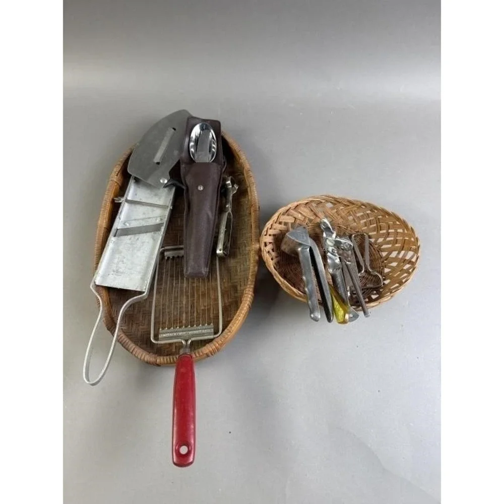 Vintage Wooden Leaf Tray Wicker Baskets Metal Mandoline Kitchen Utensils Lot